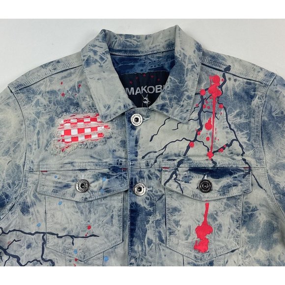 Makobi Men Small Denim Jean Jacket Acid Wash Light Blue Painted Distressed M1052 - Picture 5 of 11